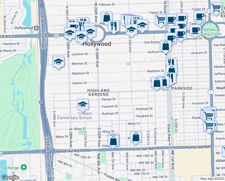 map of restaurants, bars, coffee shops, grocery stores, and more near 2503 Washington Street in Hollywood