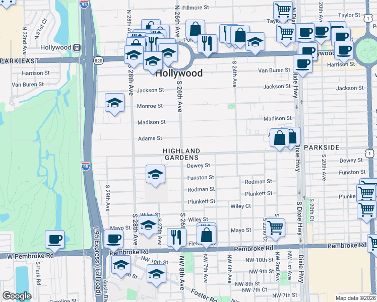 map of restaurants, bars, coffee shops, grocery stores, and more near in Hollywood