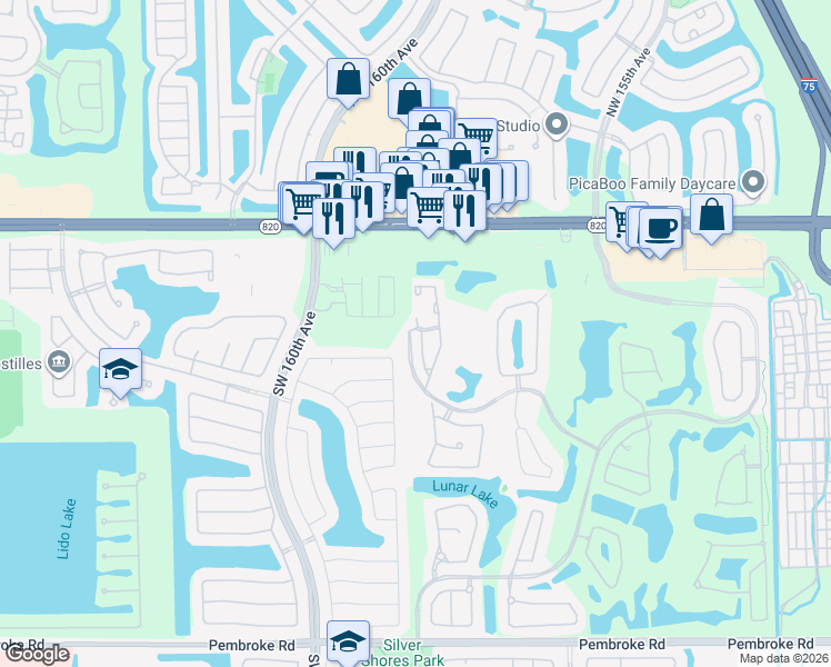 map of restaurants, bars, coffee shops, grocery stores, and more near 604 Southwest 158th Way in Pembroke Pines