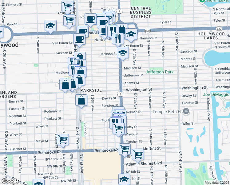 map of restaurants, bars, coffee shops, grocery stores, and more near 1824 Washington Street in Hollywood