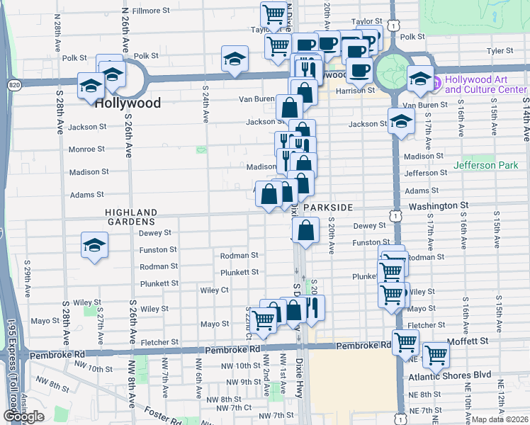 map of restaurants, bars, coffee shops, grocery stores, and more near 901 South 22nd Avenue in Hollywood