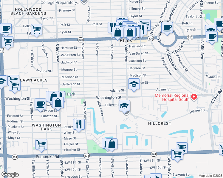 map of restaurants, bars, coffee shops, grocery stores, and more near 4801 Adams Street in Hollywood