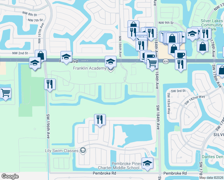 map of restaurants, bars, coffee shops, grocery stores, and more near 343 Southwest 187th Terrace in Pembroke Pines