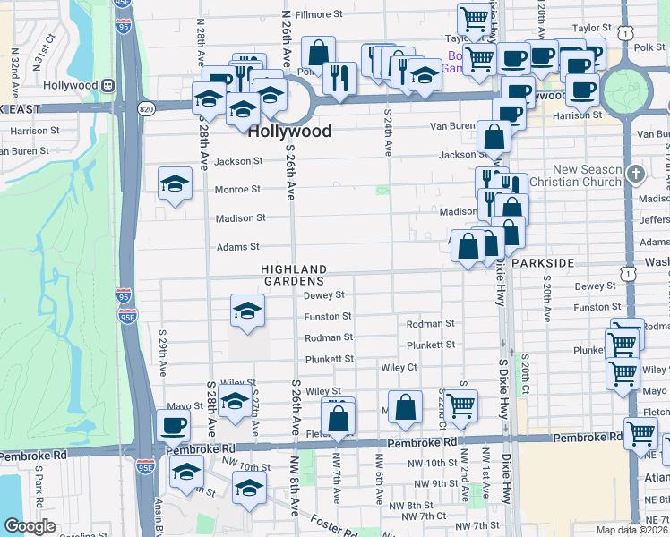 map of restaurants, bars, coffee shops, grocery stores, and more near 2503 Washington Street in Hollywood