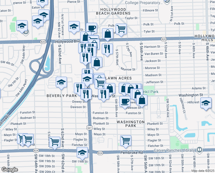 map of restaurants, bars, coffee shops, grocery stores, and more near 136 Hidden Court Road in Hollywood