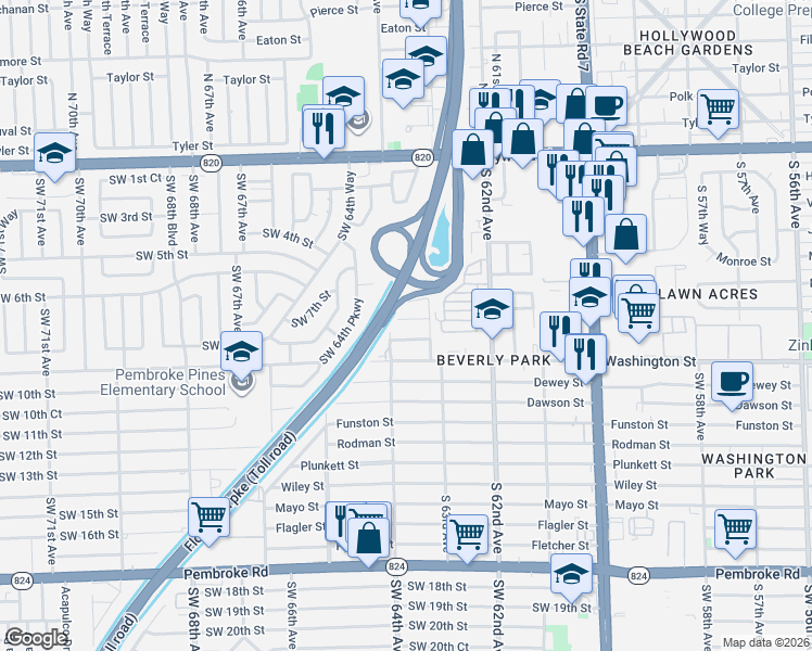 map of restaurants, bars, coffee shops, grocery stores, and more near 6380 Jefferson Street in Hollywood
