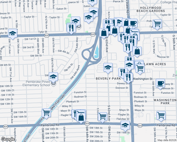 map of restaurants, bars, coffee shops, grocery stores, and more near 6380 Jefferson Street in Hollywood