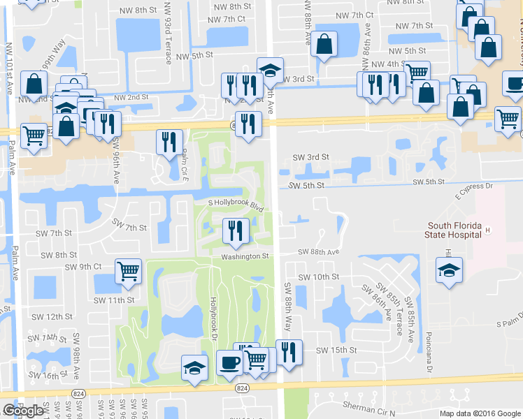 map of restaurants, bars, coffee shops, grocery stores, and more near 611 South Hollybrook Drive in Pembroke Pines