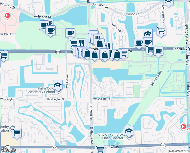 map of restaurants, bars, coffee shops, grocery stores, and more near 577 Southwest 111th Lane in Pembroke Pines