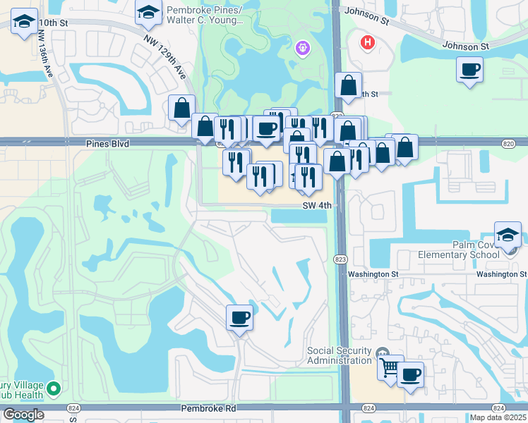 map of restaurants, bars, coffee shops, grocery stores, and more near 12590 Pines Boulevard in Pembroke Pines