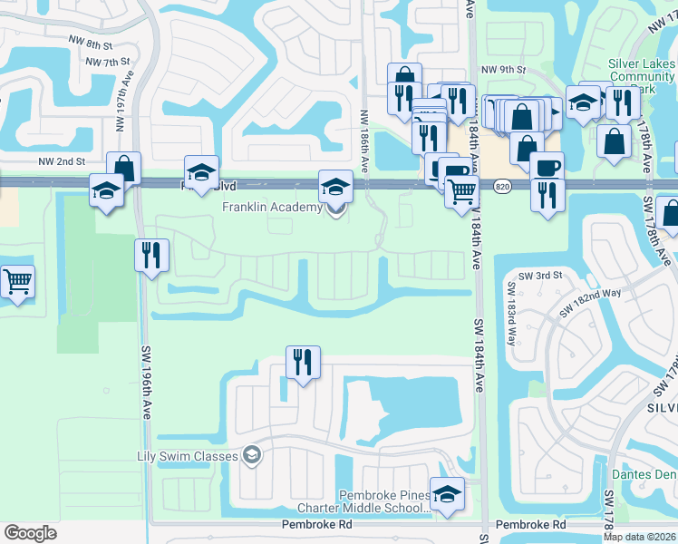 map of restaurants, bars, coffee shops, grocery stores, and more near 343 Southwest 187th Terrace in Pembroke Pines