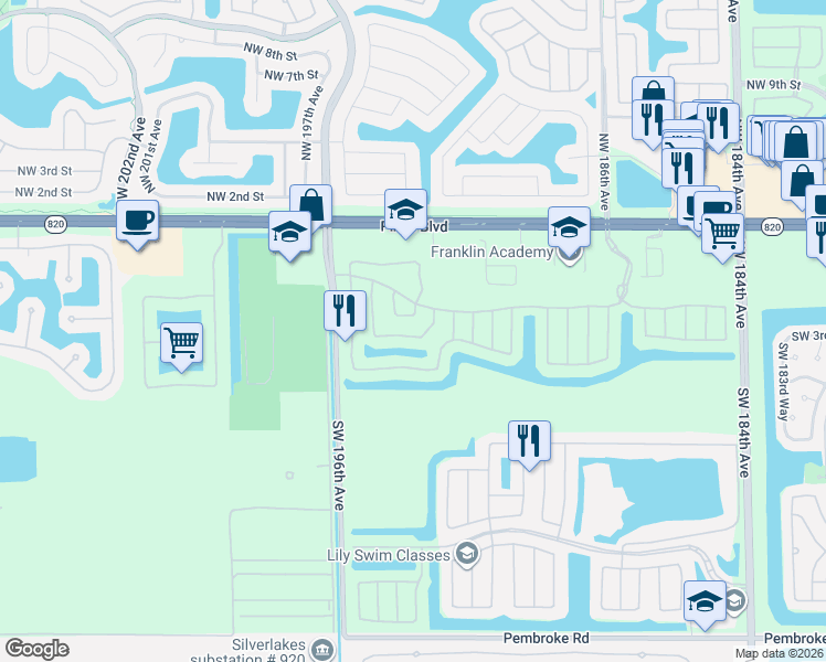 map of restaurants, bars, coffee shops, grocery stores, and more near 19243 Southwest 4th Street in Pembroke Pines