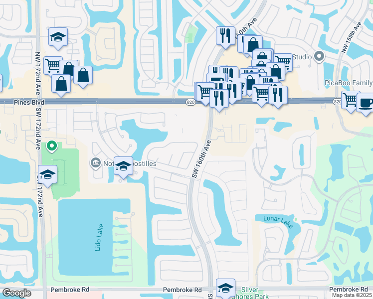 map of restaurants, bars, coffee shops, grocery stores, and more near 16173 Southwest 3rd Street in Pembroke Pines