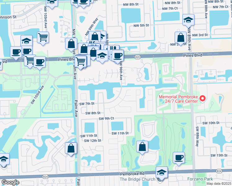 map of restaurants, bars, coffee shops, grocery stores, and more near 9610 Southwest 6th Court in Pembroke Pines
