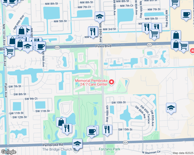 map of restaurants, bars, coffee shops, grocery stores, and more near 611 South Hollybrook Drive in Pembroke Pines