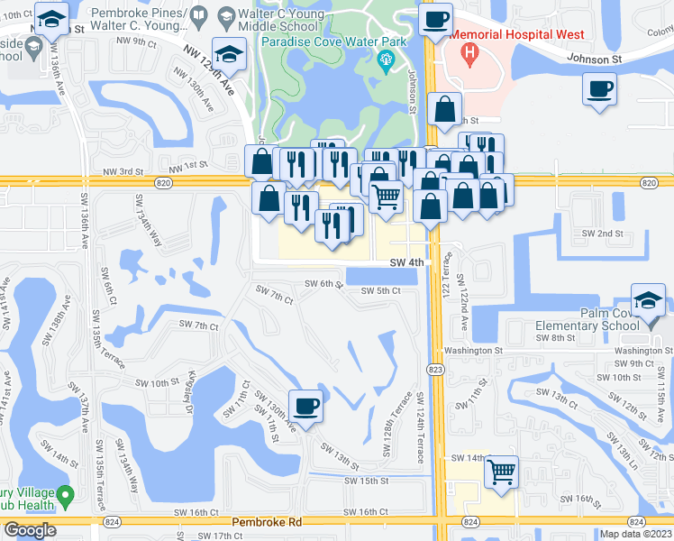 map of restaurants, bars, coffee shops, grocery stores, and more near 12590 Pines Boulevard in Pembroke Pines