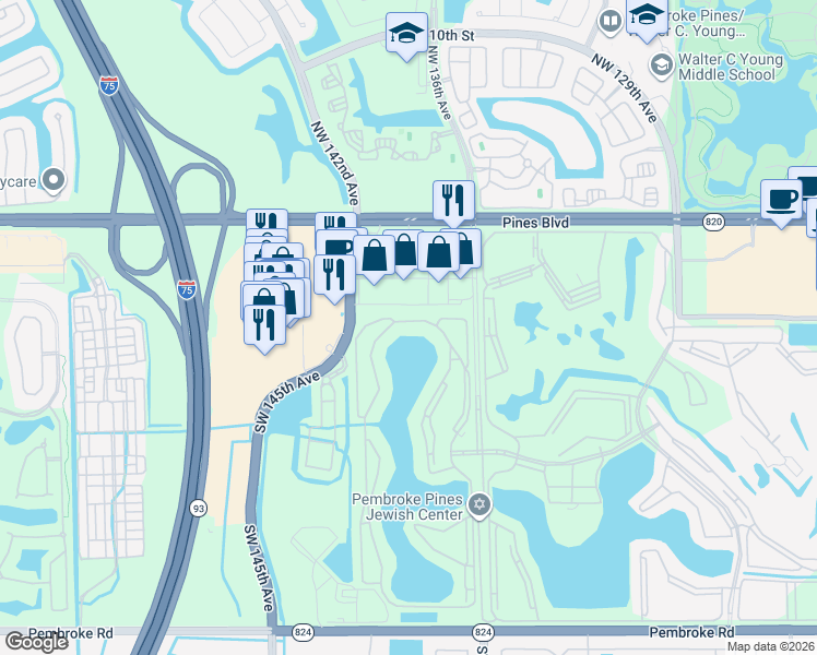 map of restaurants, bars, coffee shops, grocery stores, and more near 13800 Southwest 5th Court in Pembroke Pines
