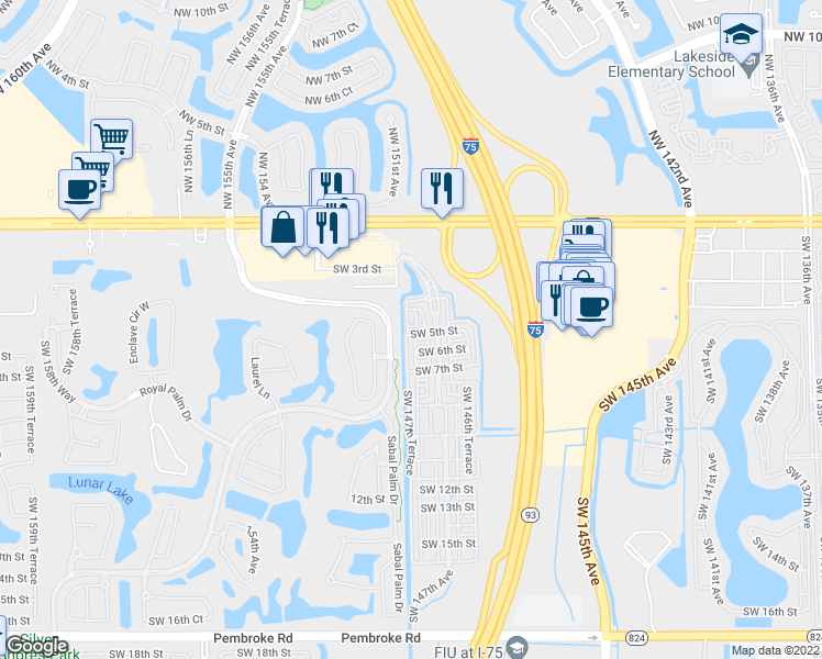 map of restaurants, bars, coffee shops, grocery stores, and more near 14731 Southwest 5th Street in Pembroke Pines