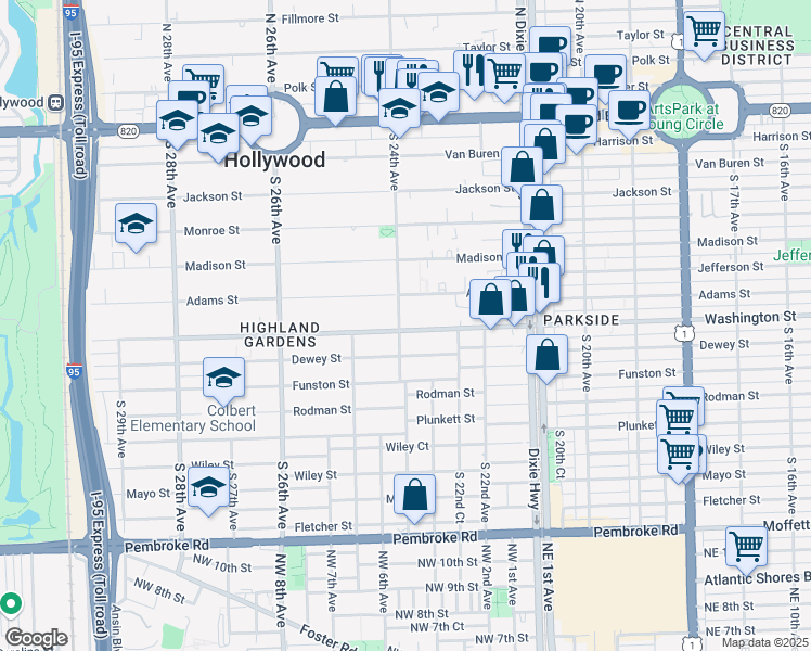 map of restaurants, bars, coffee shops, grocery stores, and more near 841 South 24th Avenue in Hollywood