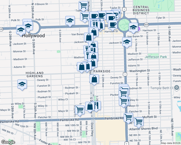 map of restaurants, bars, coffee shops, grocery stores, and more near South Dixie Highway in Hollywood