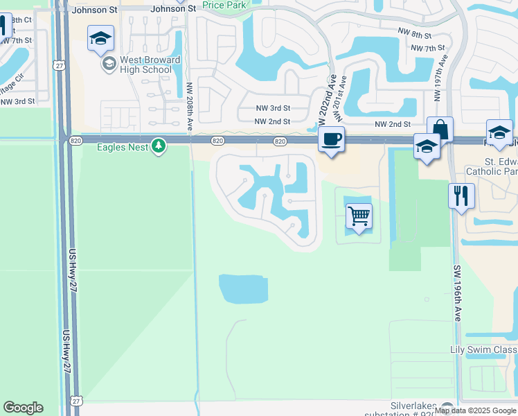map of restaurants, bars, coffee shops, grocery stores, and more near 444 Southwest 205th Avenue in Pembroke Pines