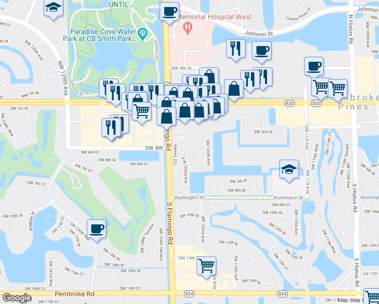 map of restaurants, bars, coffee shops, grocery stores, and more near 338 Southwest 121st Terrace in Pembroke Pines