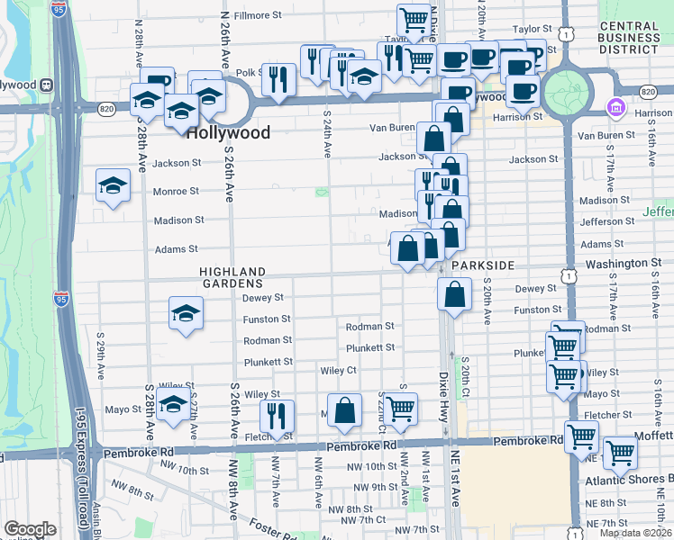 map of restaurants, bars, coffee shops, grocery stores, and more near 841 South 24th Avenue in Hollywood
