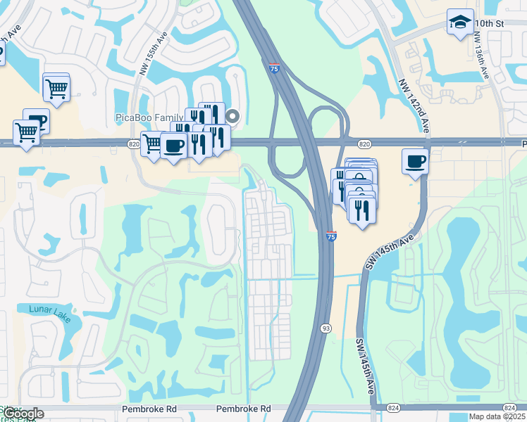 map of restaurants, bars, coffee shops, grocery stores, and more near 482 Southwest 148th Avenue in Pembroke Pines