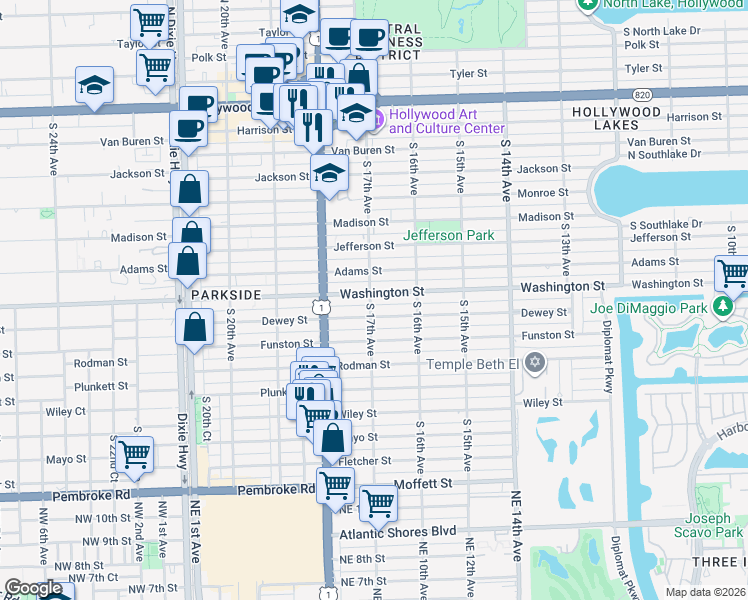 map of restaurants, bars, coffee shops, grocery stores, and more near 1644 Washington Street in Hollywood