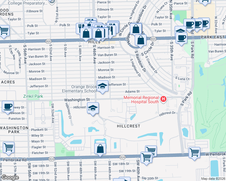 map of restaurants, bars, coffee shops, grocery stores, and more near 4317 Adams Street in Hollywood