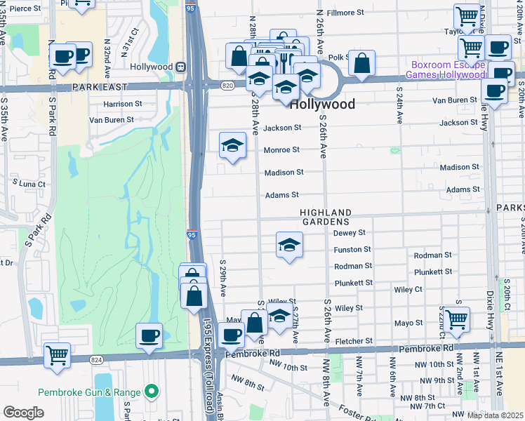 map of restaurants, bars, coffee shops, grocery stores, and more near 825 South 28th Avenue in Hollywood