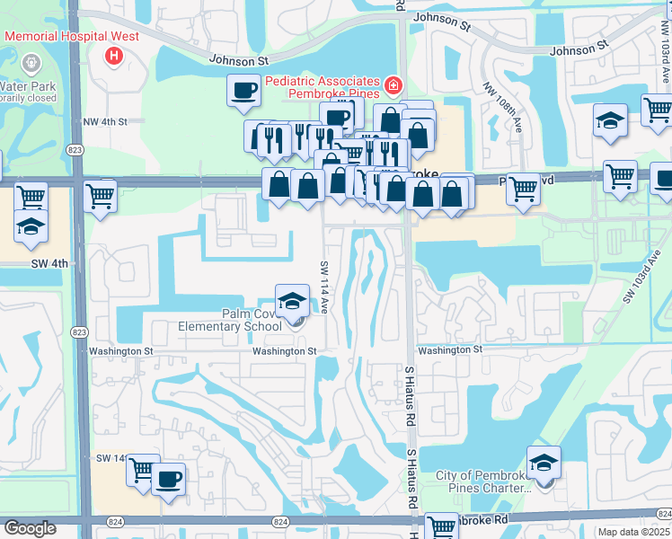 map of restaurants, bars, coffee shops, grocery stores, and more near 4585 Southwest 113th Way in Pembroke Pines