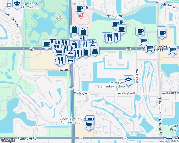 map of restaurants, bars, coffee shops, grocery stores, and more near 316 Southwest 120th Avenue in Pembroke Pines