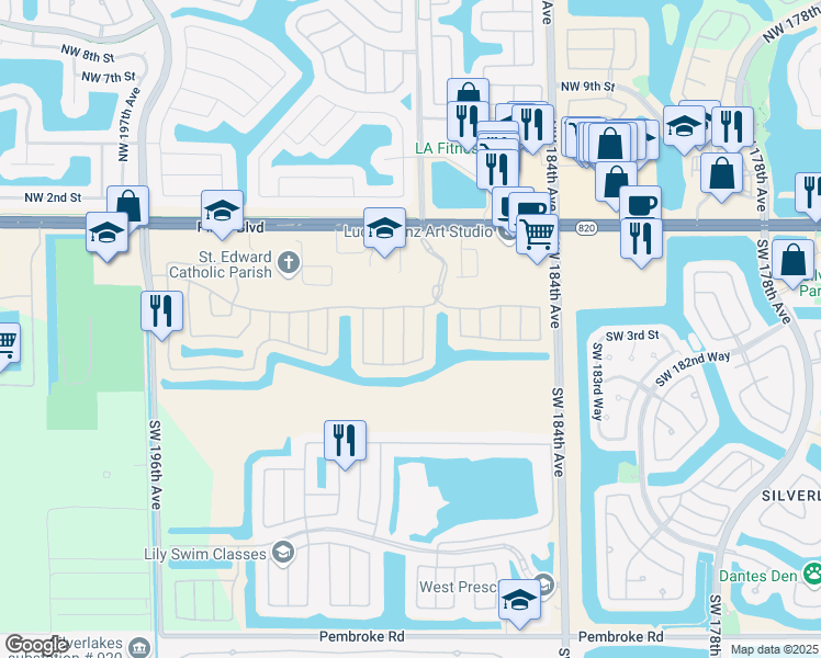 map of restaurants, bars, coffee shops, grocery stores, and more near 343 Southwest 187th Terrace in Pembroke Pines