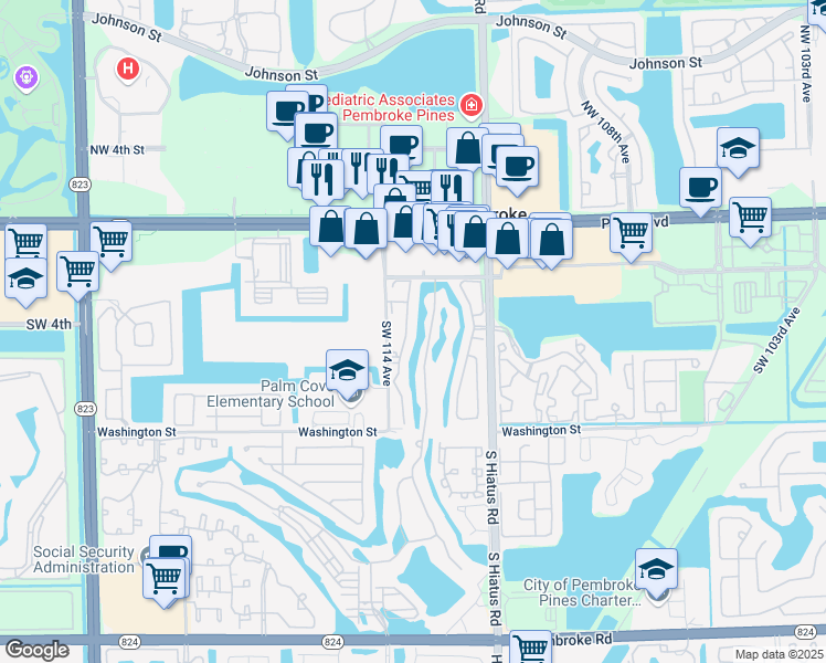 map of restaurants, bars, coffee shops, grocery stores, and more near 401 Southwest 113th Way in Pembroke Pines