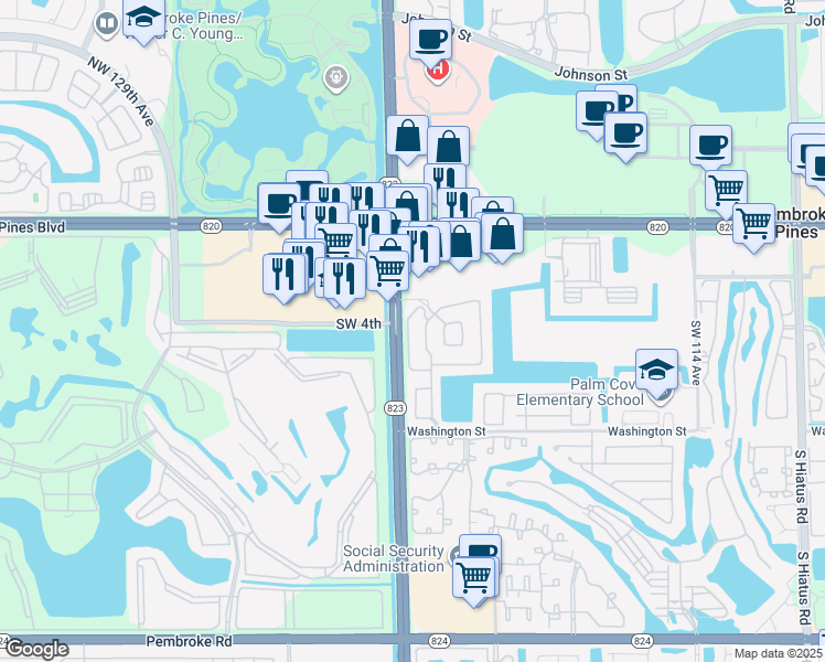 map of restaurants, bars, coffee shops, grocery stores, and more near 387 South West 122nd Terrace in Pembroke Pines