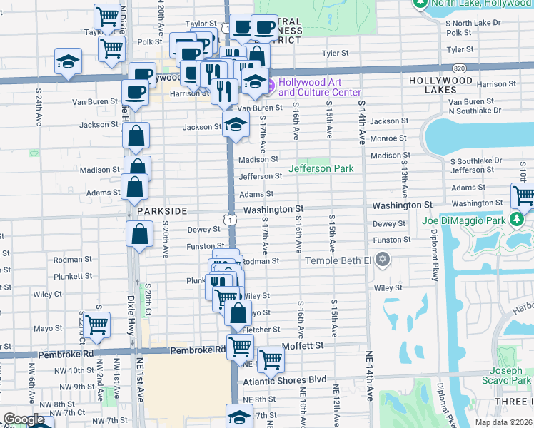map of restaurants, bars, coffee shops, grocery stores, and more near 1644 Washington Street in Hollywood