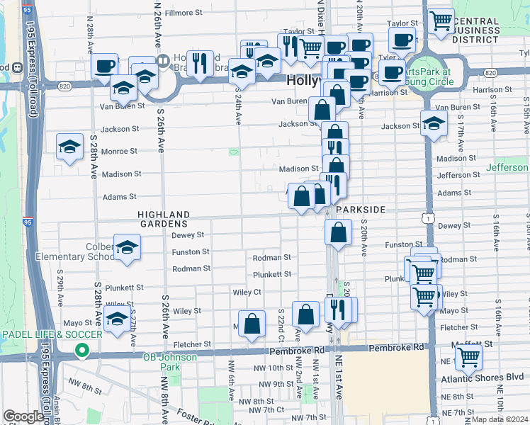 map of restaurants, bars, coffee shops, grocery stores, and more near 2247 Washington Street in Hollywood