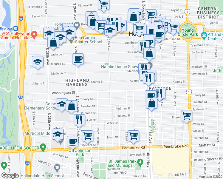 map of restaurants, bars, coffee shops, grocery stores, and more near 841 South 24th Avenue in Hollywood
