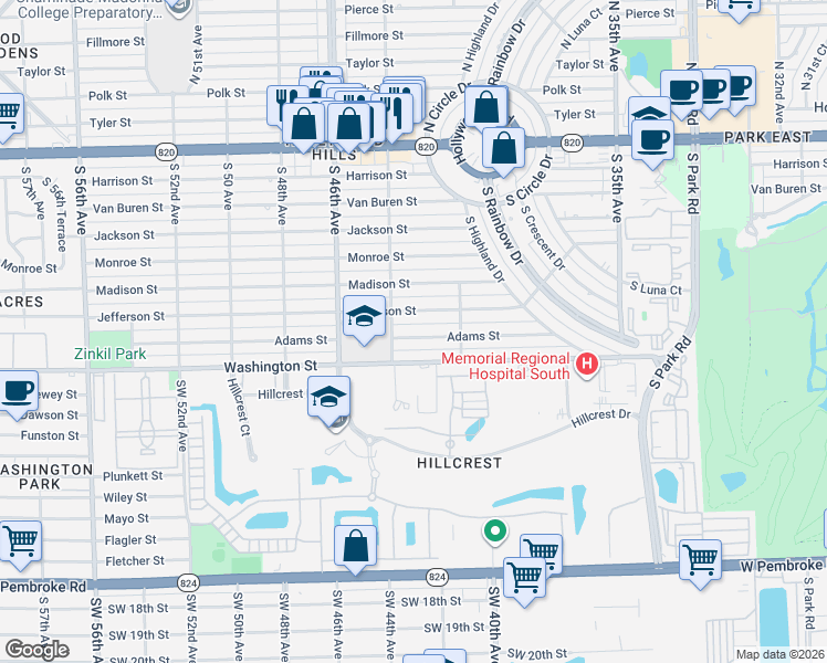 map of restaurants, bars, coffee shops, grocery stores, and more near 4317 Adams Street in Hollywood