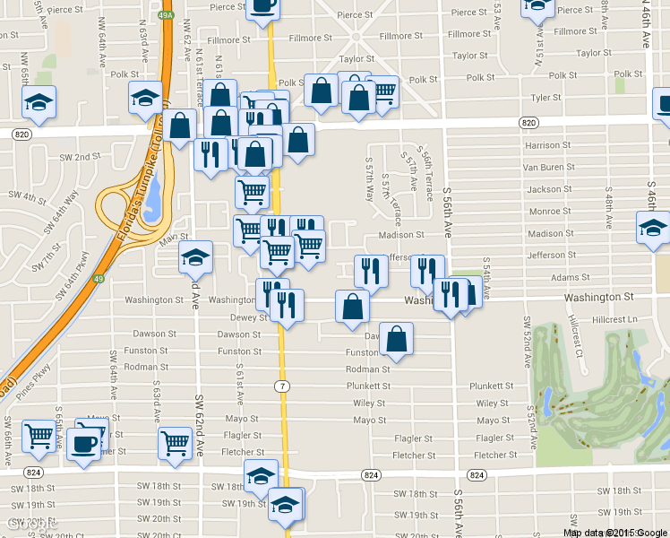 map of restaurants, bars, coffee shops, grocery stores, and more near 136 Hidden Court Road in Hollywood