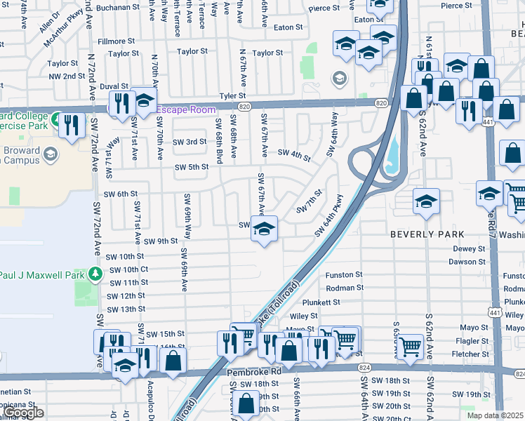 map of restaurants, bars, coffee shops, grocery stores, and more near 700 Southwest 67th Avenue in Pembroke Pines