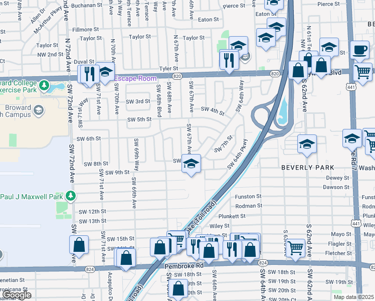 map of restaurants, bars, coffee shops, grocery stores, and more near 700 Southwest 67th Avenue in Pembroke Pines