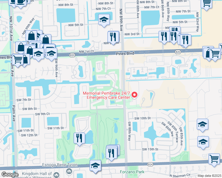 map of restaurants, bars, coffee shops, grocery stores, and more near 611 South Hollybrook Drive in Pembroke Pines