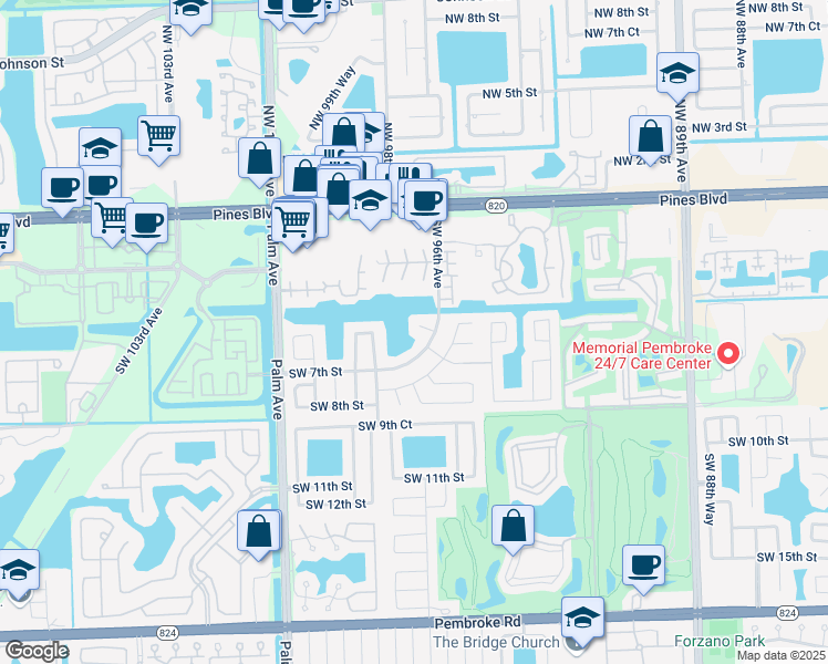 map of restaurants, bars, coffee shops, grocery stores, and more near 9610 Southwest 6th Court in Pembroke Pines