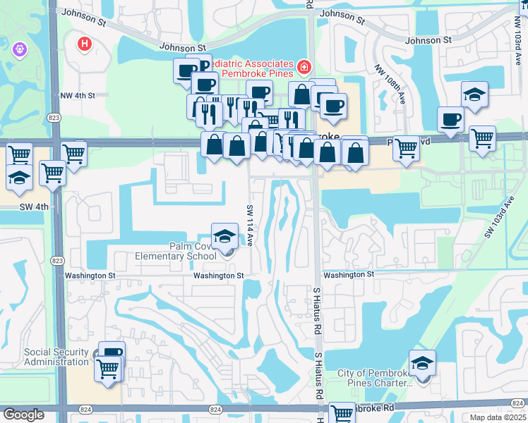 map of restaurants, bars, coffee shops, grocery stores, and more near 4585 Southwest 113th Way in Pembroke Pines