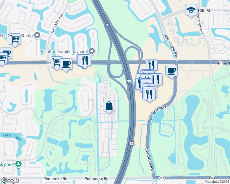 map of restaurants, bars, coffee shops, grocery stores, and more near 501 Southwest 146th Terrace in Pembroke Pines