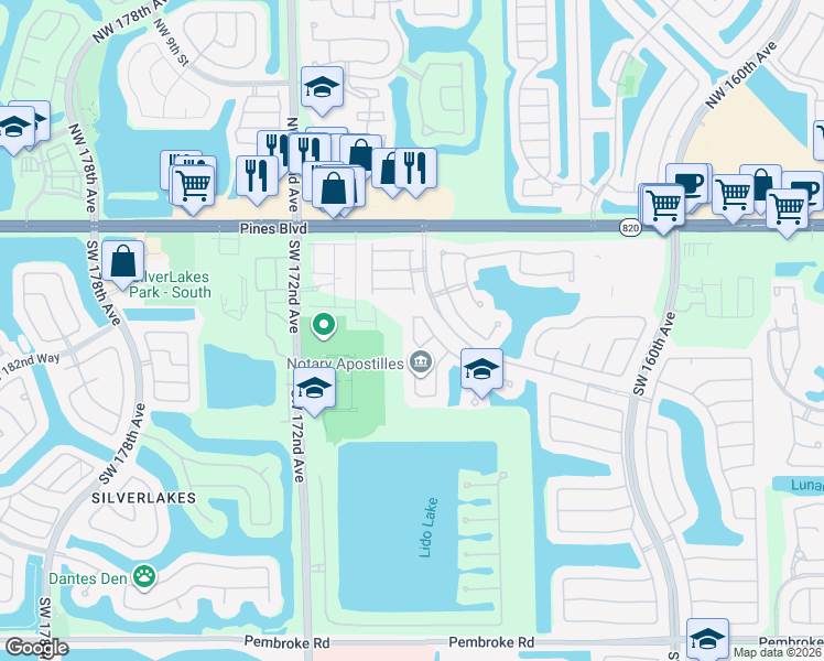map of restaurants, bars, coffee shops, grocery stores, and more near 610 Southwest 168th Way in Pembroke Pines