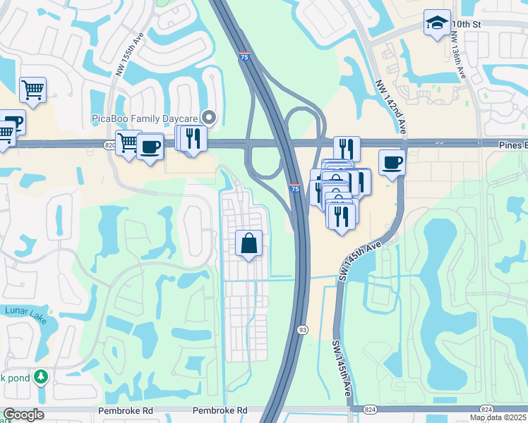 map of restaurants, bars, coffee shops, grocery stores, and more near 501 Southwest 146th Terrace in Pembroke Pines
