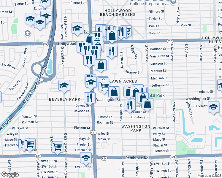 map of restaurants, bars, coffee shops, grocery stores, and more near 134 Hidden Court Drive in Hollywood